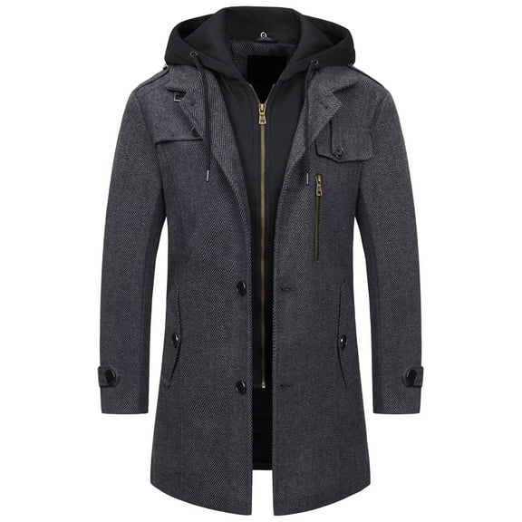 Chrisuno Men's Overcoat Anti-Wrinkle Wool Blend Trench Coat Slim Fit Single Breasted Winter Pea Coat With Hood Dark Grey M