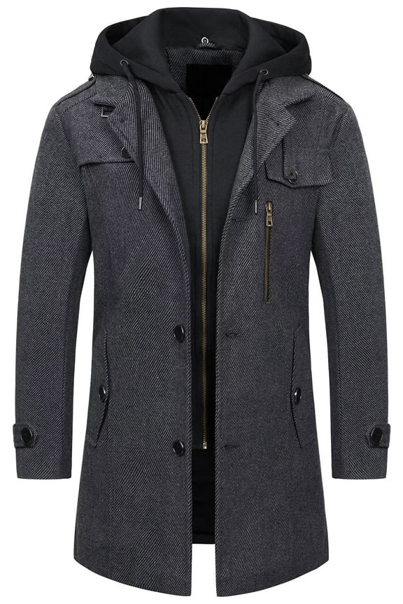 Men's Overcoat Anti-Wrinkle Wool Blend Trench Coat Slim Fit Single Breasted Winter Pea Coat With Hood Dark Grey M