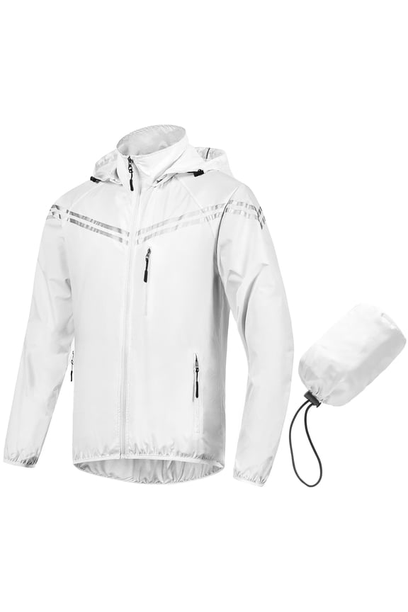 Men's Packable Running Rain Jacket Lightweight Waterproof Zipper Pockets Outdoor Raincoat Jacket For Biking Travel White XL