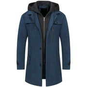 CHRISUNO Men's Pea Coat Jacket Trendy Soft Wool Coats Single Breasted Trench Coat For Men Fall Winter Topcoat With Hood Navy Blue XL