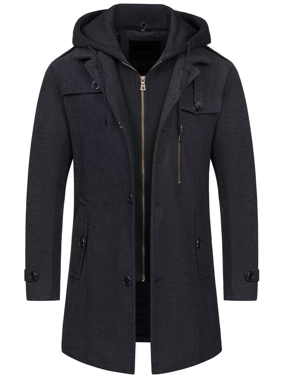 Men's Pea Coat Single Breasted Trench Coat Hip Length Windproof Work Wool Jacket With Detachable Hood Black S