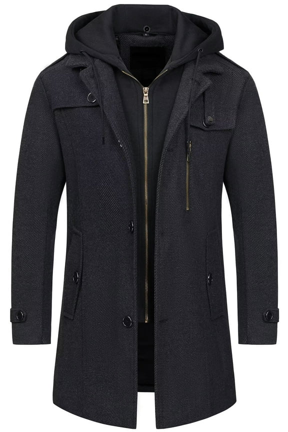 Men's Pea Coat Single Breasted Trench Coat Hip Length Windproof Work Wool Jacket With Detachable Hood Black S