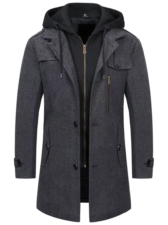 Men's Pea Coat Slim Fit Fall Winter Wool Jackets Hip Length Trendy Trench Overcoat With Removable Hood Dark Grey 2XL