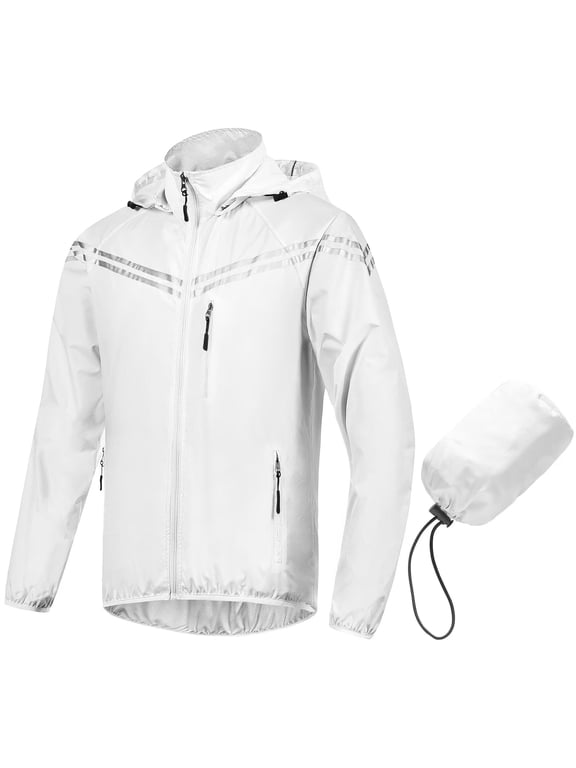 Men's Rain Coat Reflective Windbreaker Lightweight Packable Cycling Jacket Hooded Raincoat White 2XL