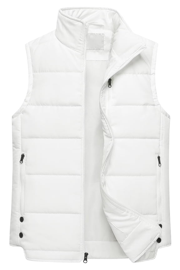Men's Sleeveless Sports Vest Jacket Plus Size Stand Collar Puffer Vest Winter Lightweight Zipper Waistcoat With Pockets White 2XL