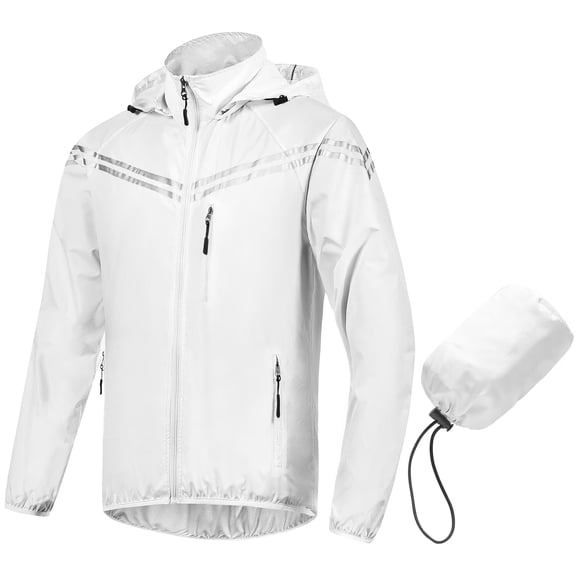Chrisuno Men's Waterproof Rain Lightweight Jacket Reflective Windbreaker Cycling Hooded Coat For Outdoor Activities White M