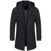 CHRISUNO Men's Fall Winter Pea Coat Stylish Stand Collar Wool Trench Overcoat Warm Mens Decent Dress Coats With Hood Coffee S