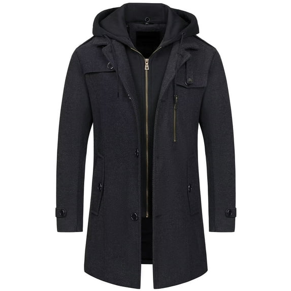 Chrisuno Men's Wool Coat Slim Fit Stand Collar Pea Coat Windproof Wool Jackets For Men Hooded Spring Fall Soft Topcoat Black XL