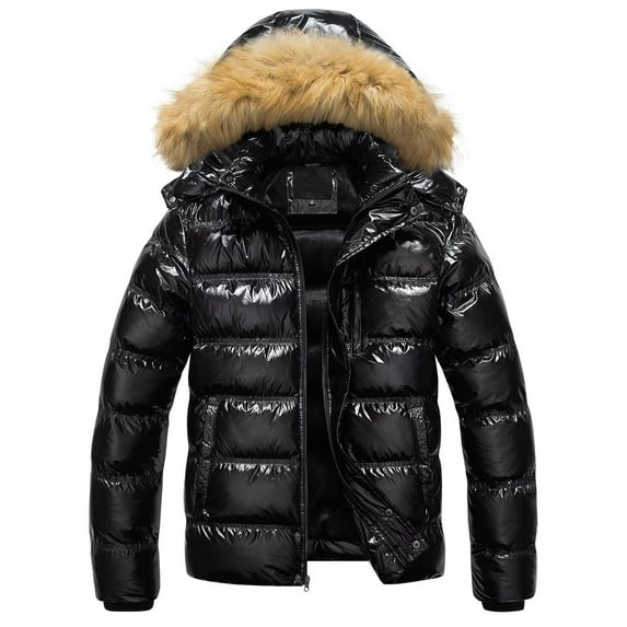 Chrisuno Mens Coat Men Coats Men's Hooded Winter Warm Puffer Jacket Thicken Cotton with Removable Hood Shiny Black L
