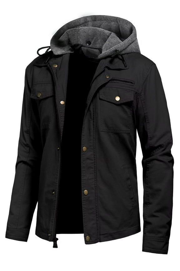 Mens Cotton Lightweight Multi Pockets Jacket Zip Front Stand Collar Military Windbreaker S Black