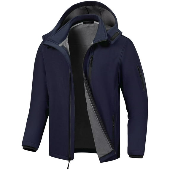 Chrisuno Mens Jacket With Removal Hood Fleece Light Jackets Casual Winter Men's Water Resistant Pockets Softshell Lining Hiking Windbreaker Outwear Navy M
