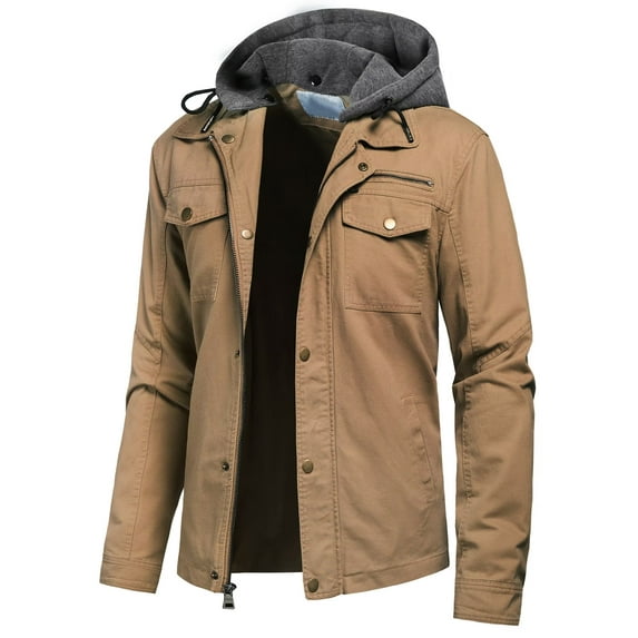 Chrisuno Mens Outdoor Recreation M65 Field Jacket Zip Up Coats Clothes With Removable Hood S Khaki