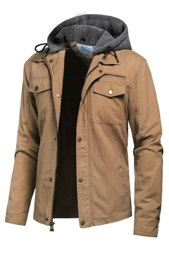 Mens Outdoor Recreation M65 Field Jacket Zip Up Coats Clothes With Removable Hood S Khaki