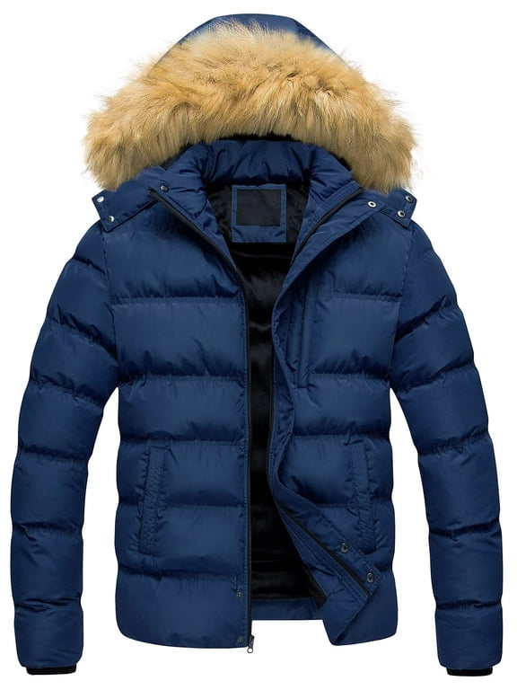 Mens Puffer Jackets Bubble Coats Winter Removable Hooded Frost-Fighter Sherpa Lined Midi Packable Parka Jackets Navy Blue S