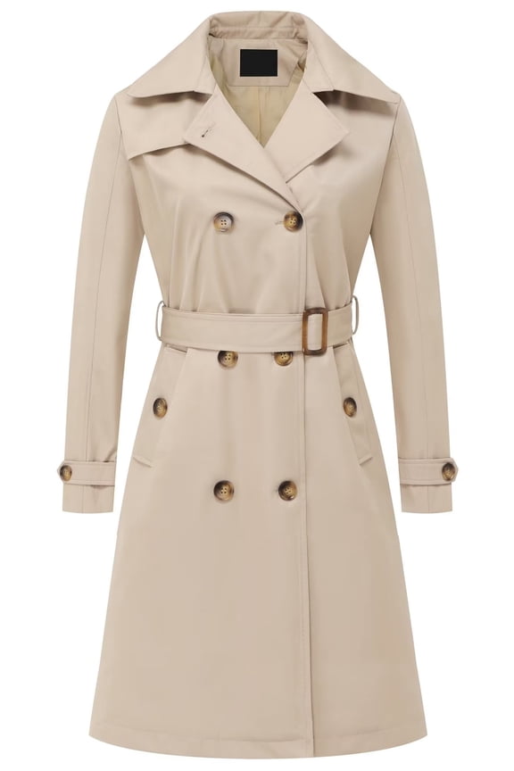 Mid Length Fall Coats for Women Long Waterproof Trench Coat Water-Resistant Double-Breasted Peacoat with Removable Hood Khaki M