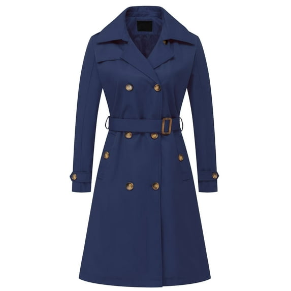 Chrisuno Mid Length Trench Coats for Women Black Coat Double-Breasted Long Classic Lapel Overcoat Slim Outerwear Waterproof with Belt Buckle Navy Blue 2XL