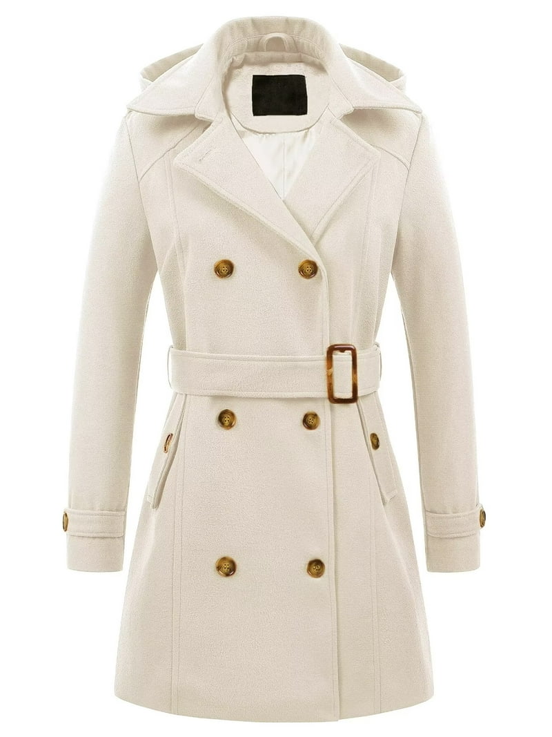 Chrisuno Pea Coat Women Winter Coats Lapel Wrap Belted Pea Coat Jacket Casual Long Sleeve Dress Trench Coats with Pockets White 2XL