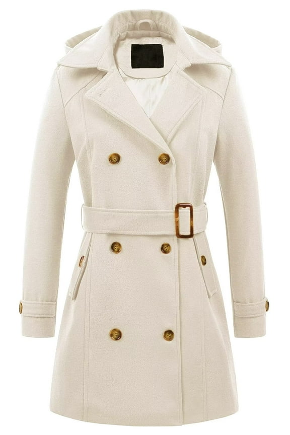 Pea Coat Women Winter Coats Lapel Wrap Belted Pea Coat Jacket Casual Long Sleeve Dress Trench Coats with Pockets White 2XL