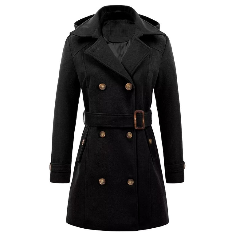 Chrisuno Pea Coats for Women Double Breasted Wool Blend Over Coat Hooded Black M