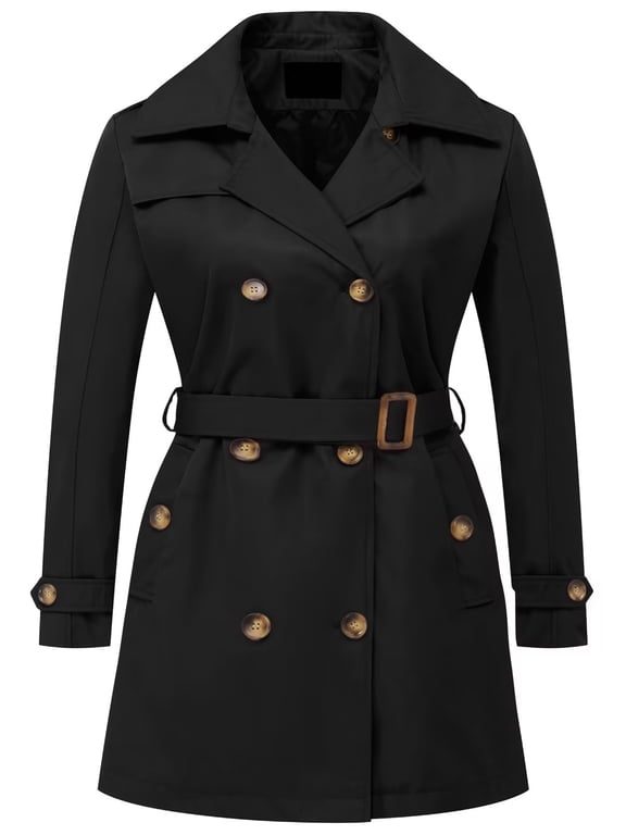 Plus Size Trench Coat Waterproof Women Long with Hooded Belted Double Breasted Black 4X