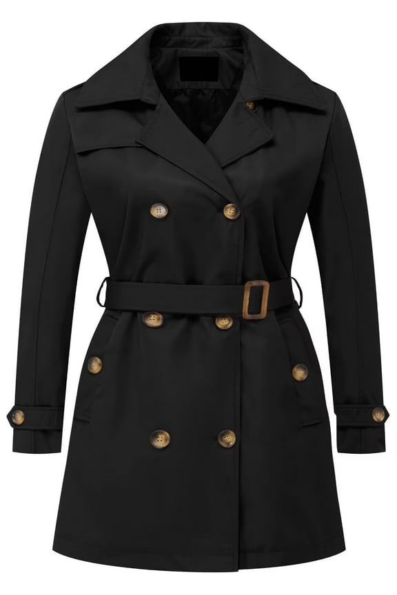 Plus Size Trench Coat Waterproof Women Long with Hooded Belted Double Breasted Black 4X