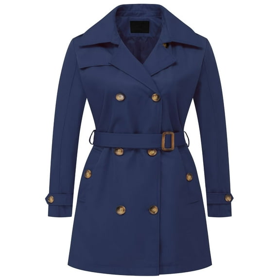 Chrisuno Plus Size Trench Coats for Women Rain Waterproof Double-Breasted Classic Lapel Overcoat Slim Outerwear Coat with Belt Navy Blue 5X