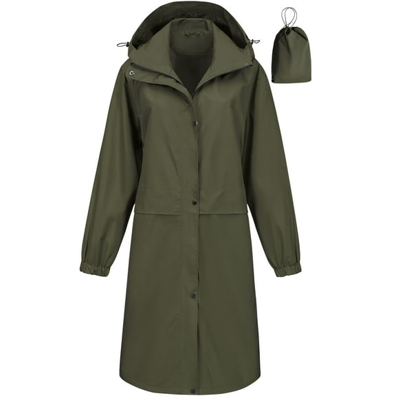 Chrisuno Rain Coat Women Waterproof Long Hooded Trench Raincoat Packable Lightweight Jacket For Hiking Outdoor Travel Army Green L