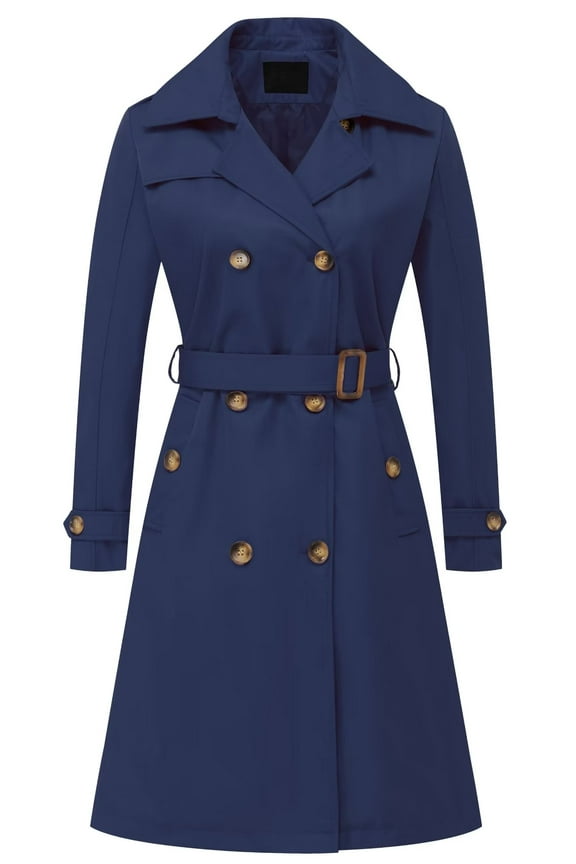 Women Mid Length Trench Coat Womens Relaxed-Fit Water-Resistant Long Navy Blue S