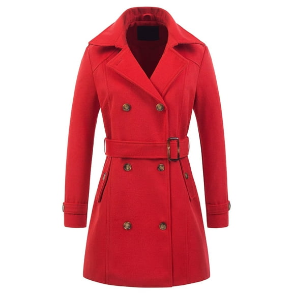 Chrisuno Women Peacoat Belted Pea Coat Hood Casual Long Dress Trench Coat Red S