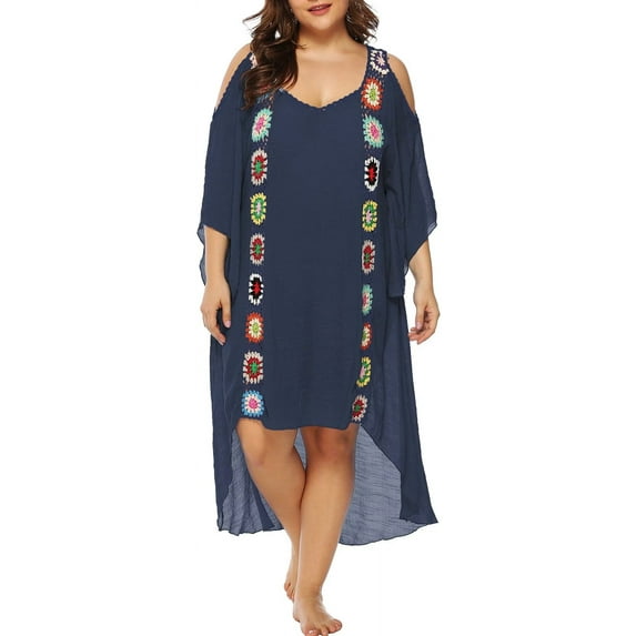 Chrisuno Women Stylish Plus Size Maxi Shirt Dress Loose Bikini Cold Shoulder Cover Up Turkish Kaftan Beachwear Navy 4XL