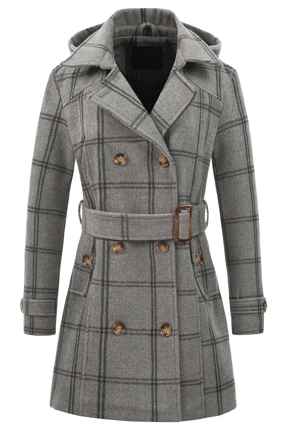 Women Swing Wool Pea Coat Winter Long Overcoat Jacket Grey Plaid XL