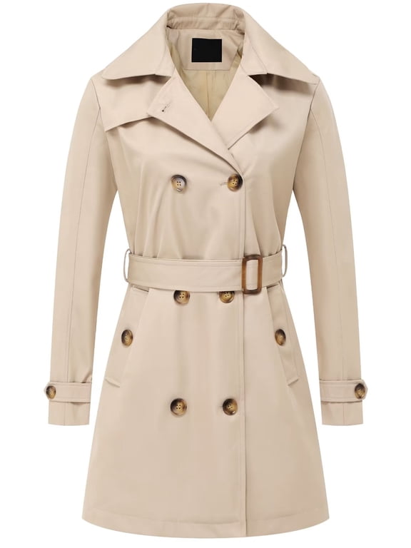 Women Waterproof Classic Hooded Trench Coat Hood Belt Double Breasted Mid Length Khaki 3XL