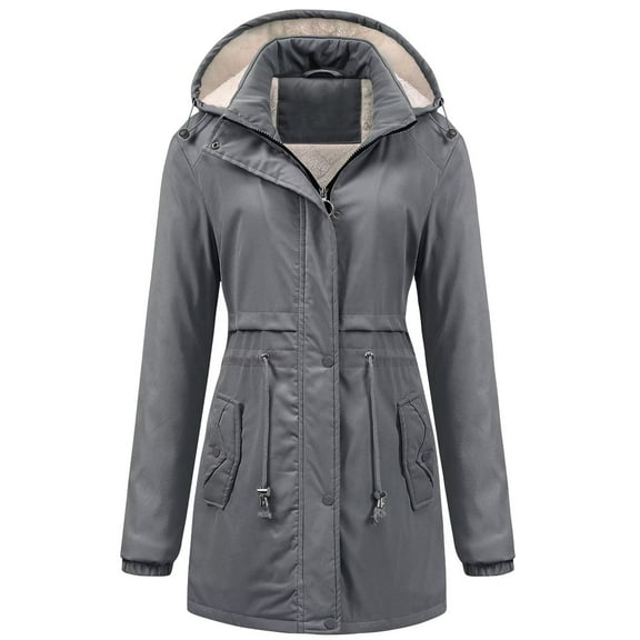 Chrisuno Women Winter Coats Faux Lined Drawstring Belted Puffer Jacket With Hood Grey S