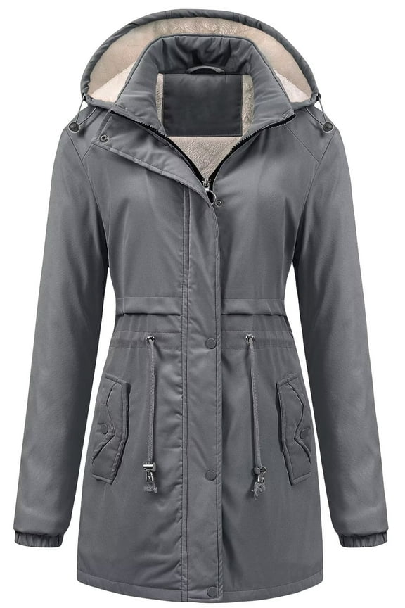 Women Winter Coats Faux Lined Drawstring Belted Puffer Jacket With Hood Grey S