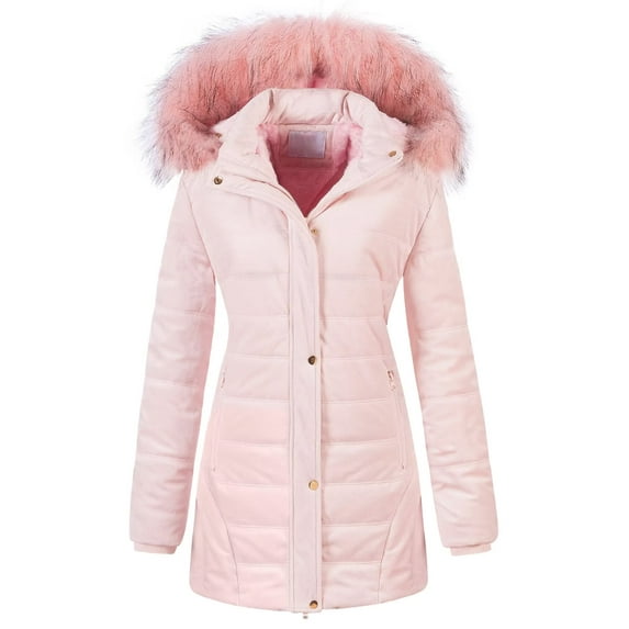 Chrisuno Women's Casual Winter Coat Warm Puffer Quilted With Detachable Trim Hood S Pink