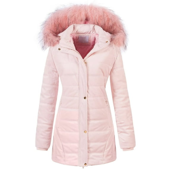 Chrisuno Women's Casual Winter Coat Warm Puffer Quilted With Detachable Trim Hood S Pink