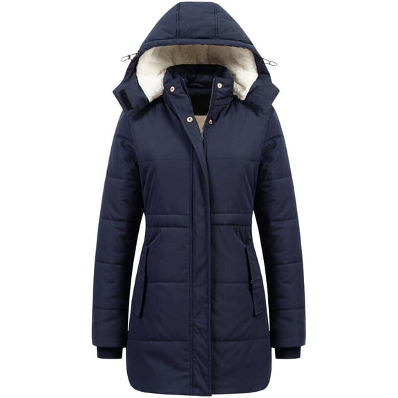 Chrisuno Women's Classic Autumn Park Down Alternative Mid Length Puffer Jacket Junior Ladies Dress Winter Coat Navy Blue M