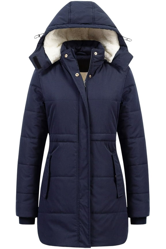 Women's Classic Autumn Park Down Alternative Mid Length Puffer Jacket Junior Ladies Dress Winter Coat Navy Blue M