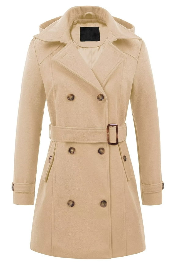 Women's Classic Notched Lapel Wool Coats Buttoned Long Jacket Khaki M