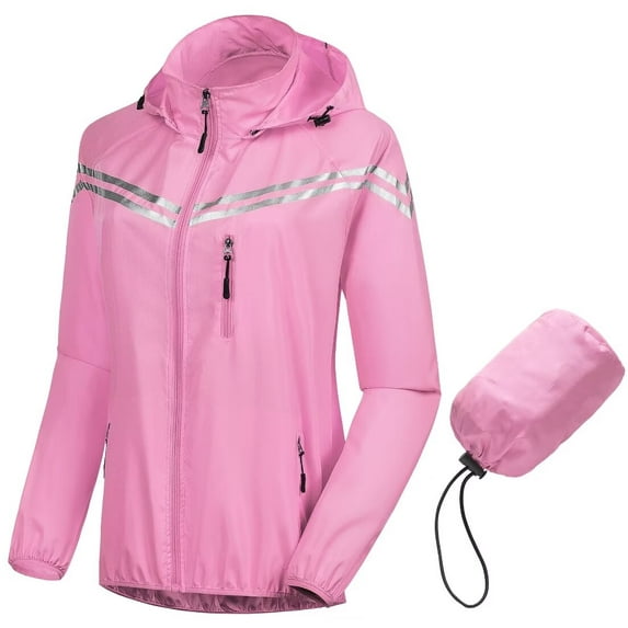 Chrisuno Women's Cycling Raincoats Waterproof Running Windbreaker Biking Outdoor Lightweight Coat With Removable Hood Pink XL
