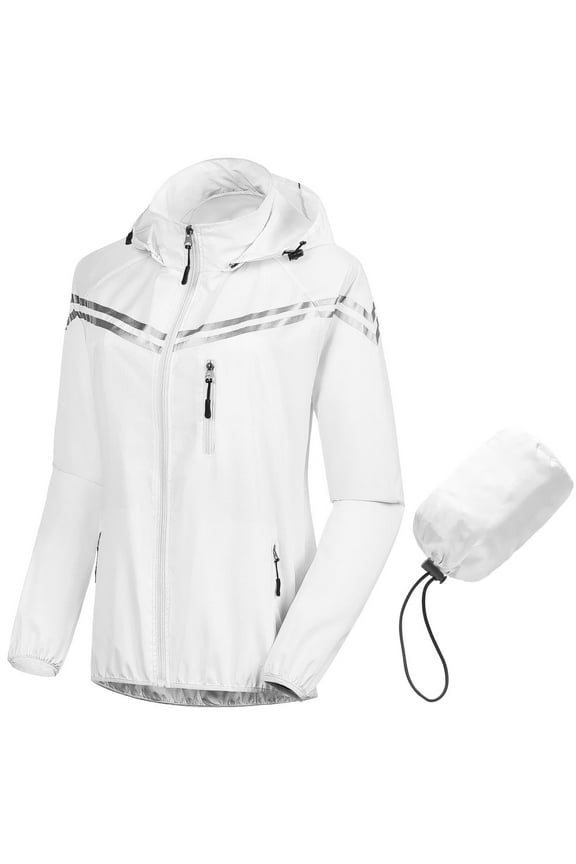Women's Cycling Running Jackets Lightweight Windproof Bike Workout Windbreaker Reflective Raincoat With Hood White M