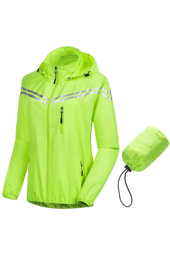 Women's Cycling Windbreaker Jacket Raincoat Outdoor Hooded Rain Jacket Foldable Versatile Biking Jacket Fluorescent Yellow 2XL