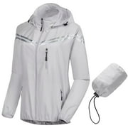 Chrisuno Women's Cycling Windbreaker Jacket, Waterproof Running Workout Rain Jackets, Packable Reflective Hiking Hoodie Grey 2XL