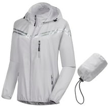 Chrisuno Women's Cycling Windbreaker Jacket, Waterproof Running Workout Rain Jackets, Packable Reflective Hiking Hoodie Grey 2XL