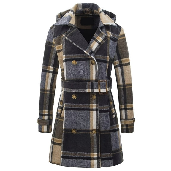 Chrisuno Women's Double Breasted Collar Belted Long Winter Coat Yellow Plaid L