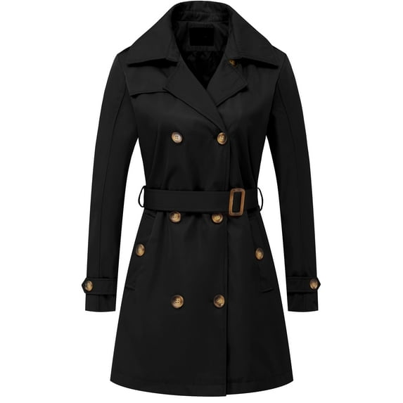 Chrisuno Women's Double-Breasted Trench Coat Classic Lapel Overcoat Slim Outerwear Coat with Belt Black L