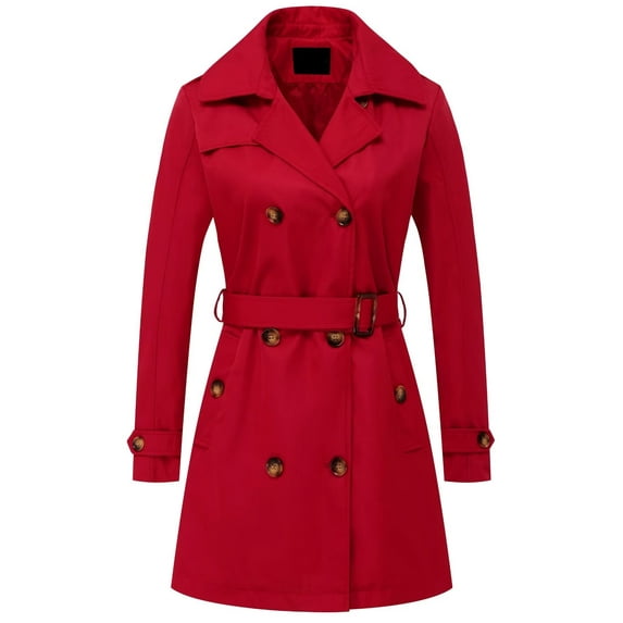 Chrisuno Women's Double Breasted Trench Coat Lightweight Windbreaker Dress Jackets with Belt Red 2XL