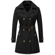 CHRISUNO Women's Double-Breasted Trench Coat Mid-Length Belted Lapel Overcoat Pea Coats Outerwear Black S