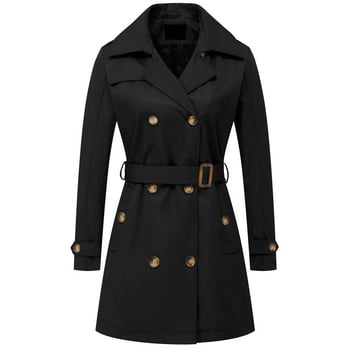 Chrisuno Women's Double-Breasted Trench Coat Mid-Length Belted Lapel Overcoat Pea Coats Outerwear Black S