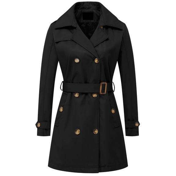 Chrisuno Women's Double-Breasted Trench Coat Mid-Length Belted Lapel Overcoat Pea Coats Outerwear Black S
